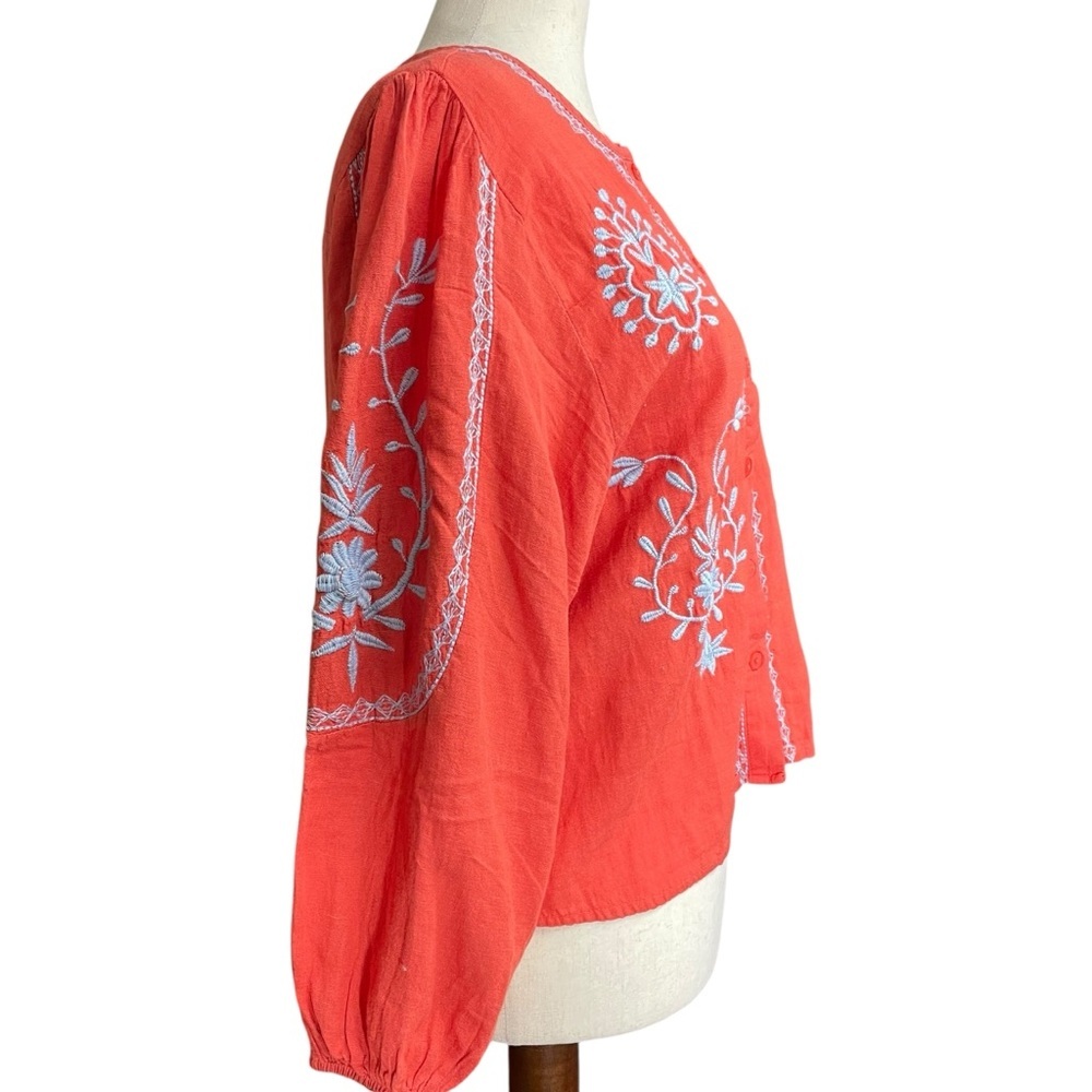 ONLY Linen Blend Boho Long Sleeve Embroidered Peasant Red Top Blouse Size XS - Picture 6 of 14